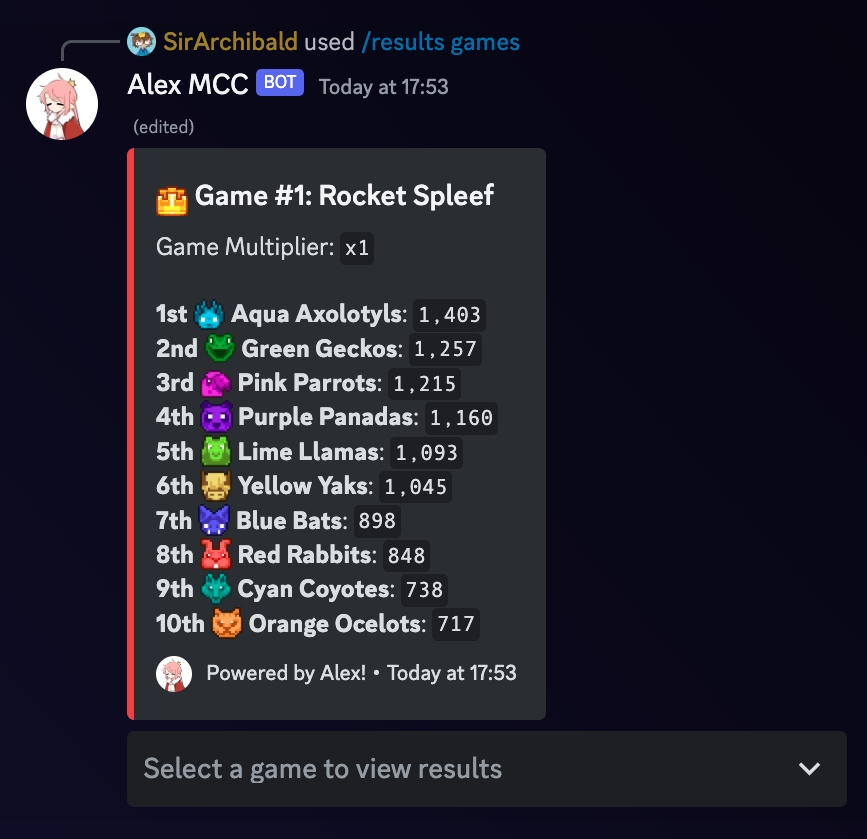 The /results games command